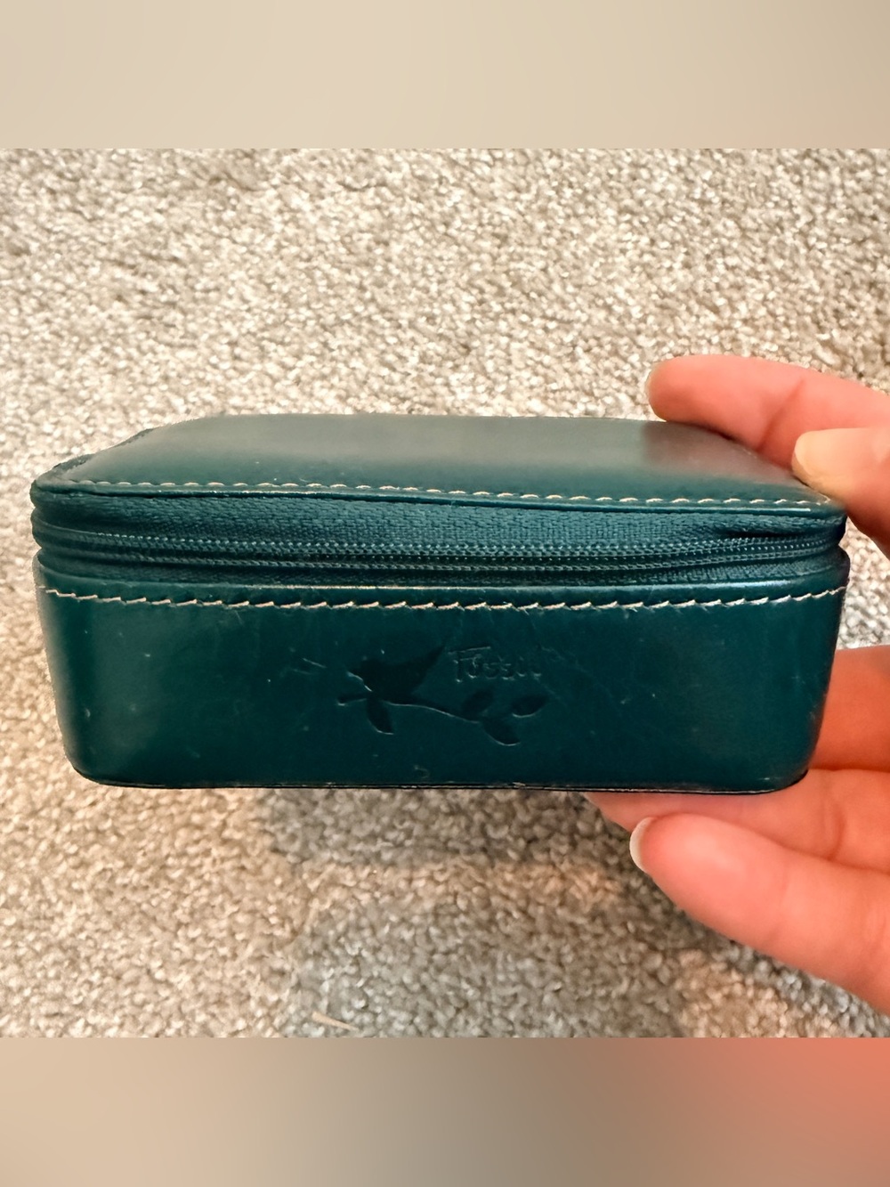 FOSSIL Teal Leather Small Jewelry Case Box Zip Around Travel Compact - Picture 1 of 9